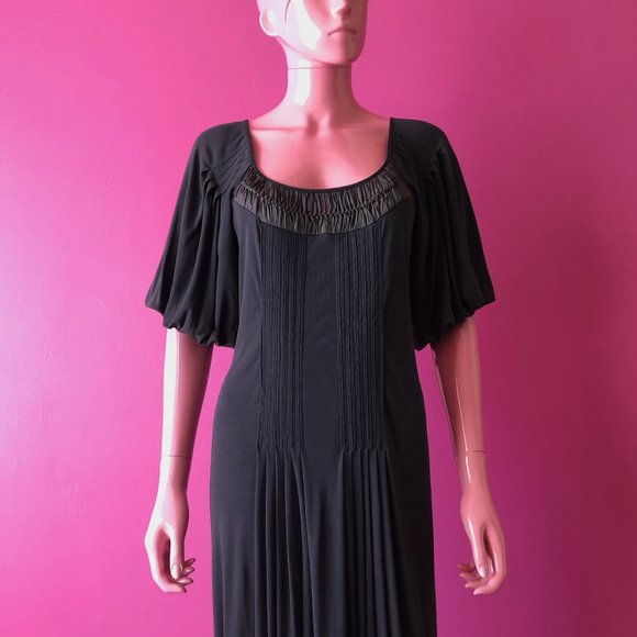 Max Azria 00s S Midi Dress Navy Blue Jersey Pin Tuck Woven Ribbon Drawstring Hem - Picture 5 of 13
